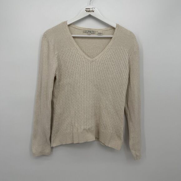 Pria Beige Cable Knit Cotton V Neck Sweater Y2k Size Medium - Picture 1 of 9